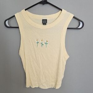 wild fable Pale Yellow Ribbed Tank with Daisy Embroidery